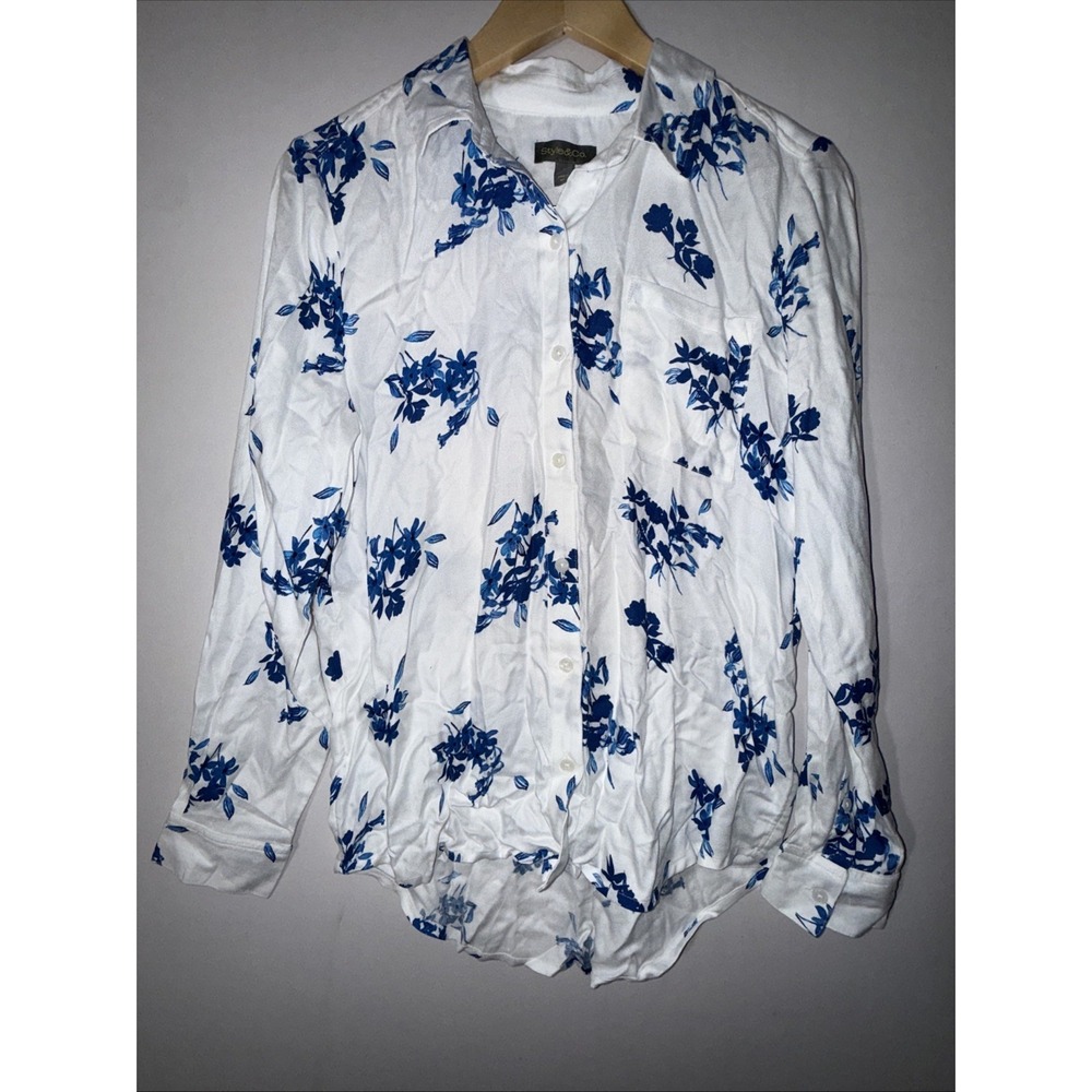 Style&Co Women's Woven Floral Printed Button Down Shirt Collared White Blue Sz S